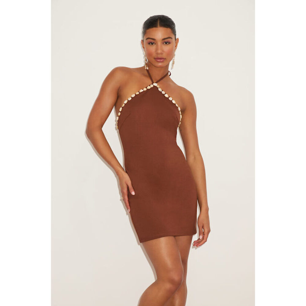 Lulus Azeneth Brown Shell Bodycon Halter Mini Dress - Size XS